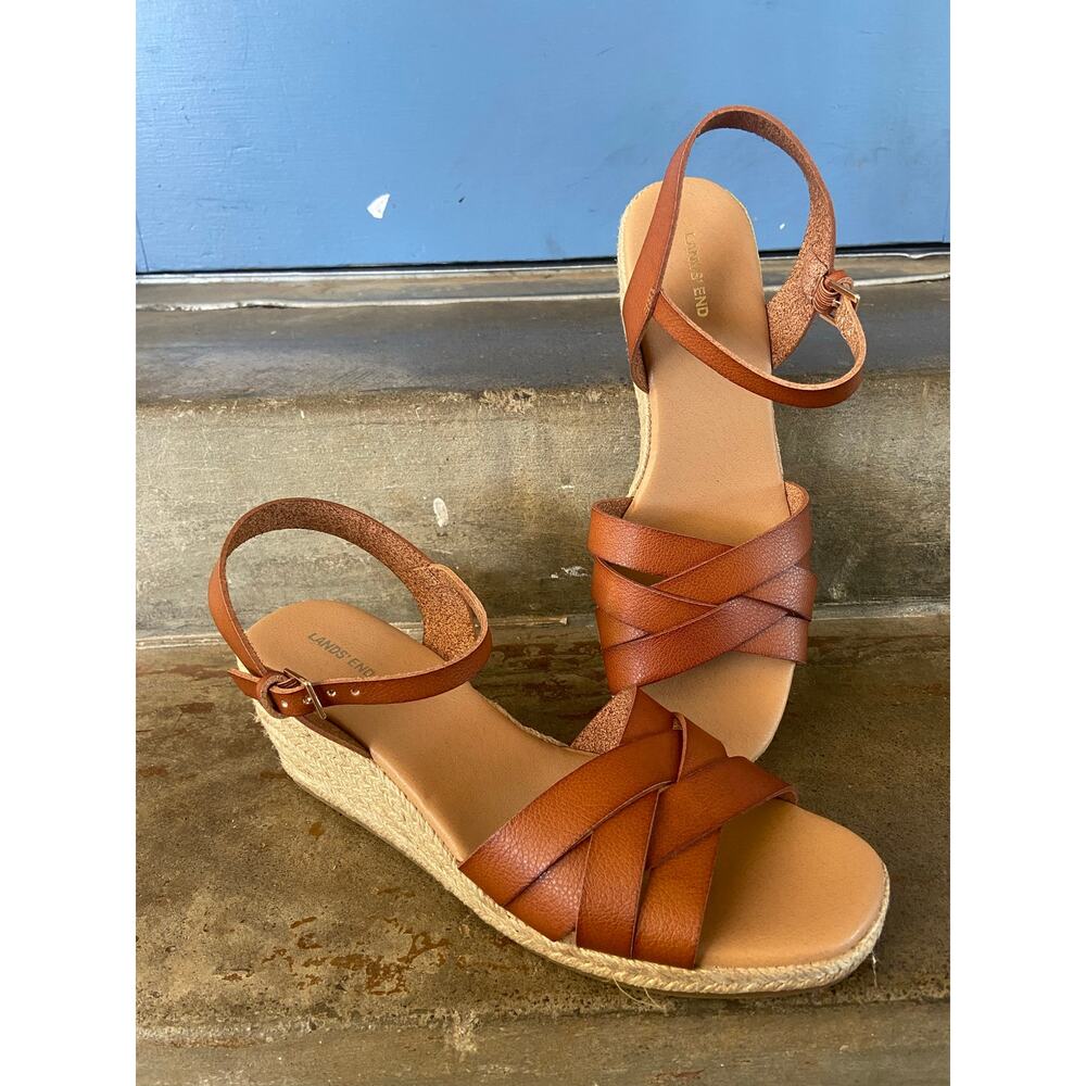 Lands End tan wedge heel espadrille sandal